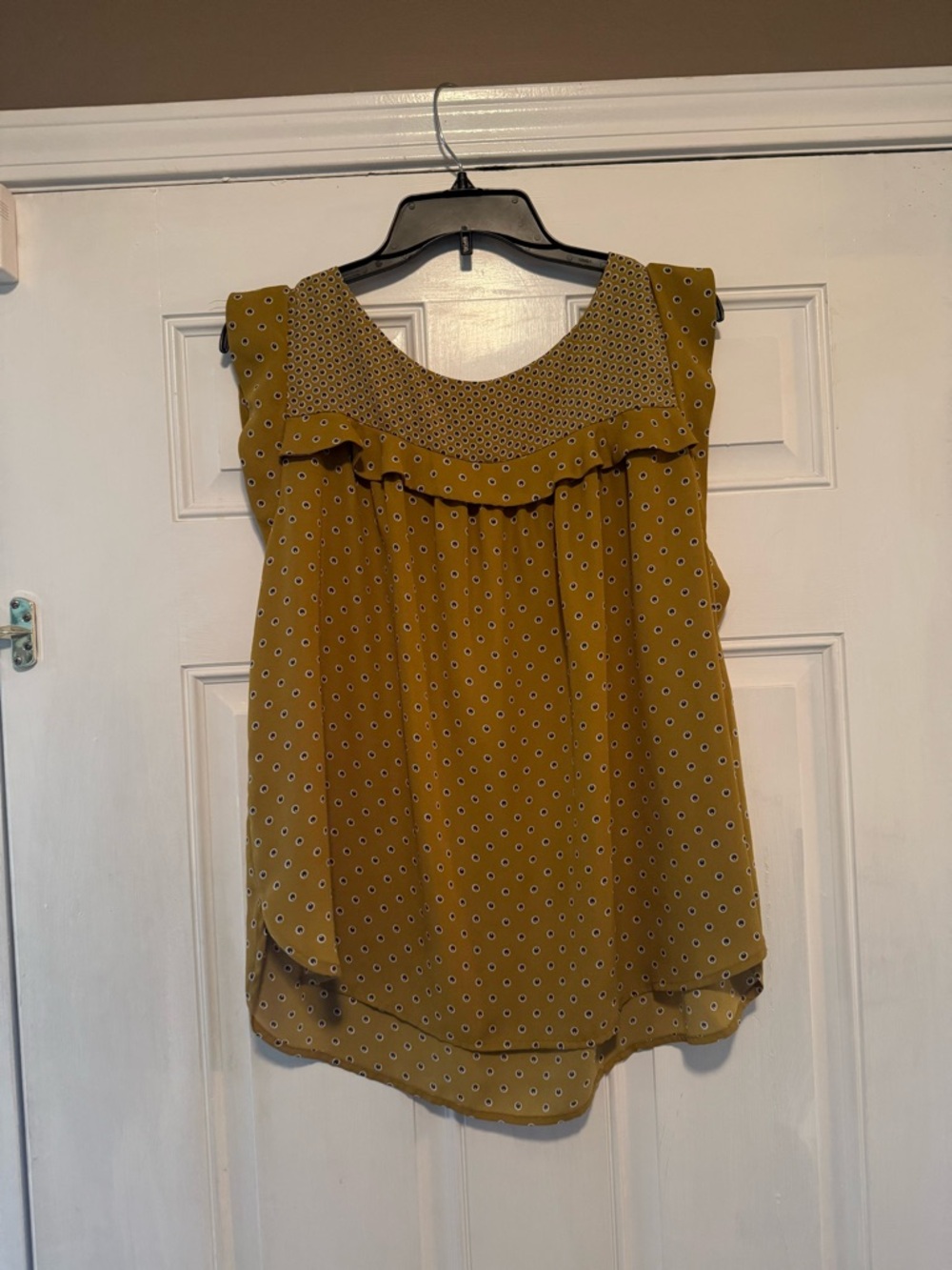 LOFT Mustard Polka Dot Ruffle Yoke Sleeveless Top